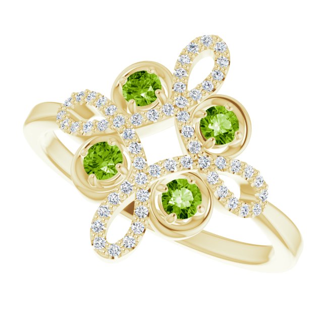 14K Gold Round Natural Peridot Clover Ring – 2.5mm Stones - Yellow Gold - view 10