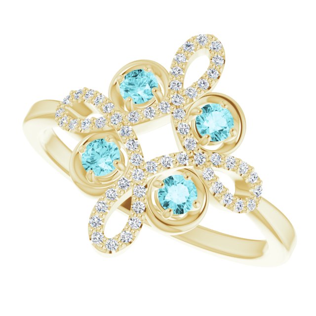 14K Gold Round Natural Blue Zircon Clover Ring – 2.5mm Stones - Yellow Gold - view 10