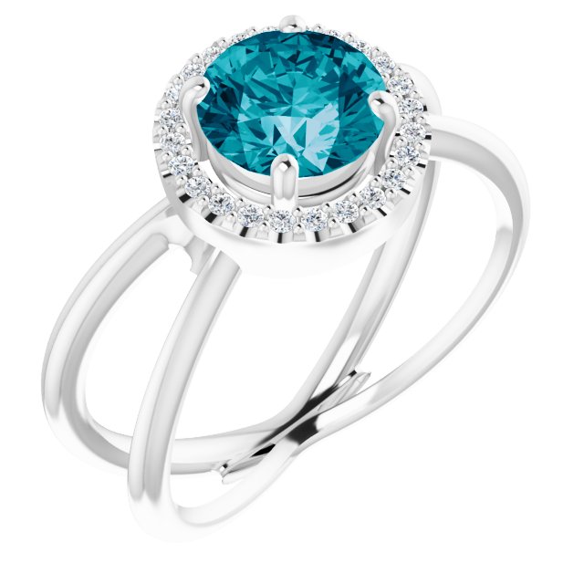 Platinum Round Natural London Blue Topaz & Natural Diamond Halo-Style Ring