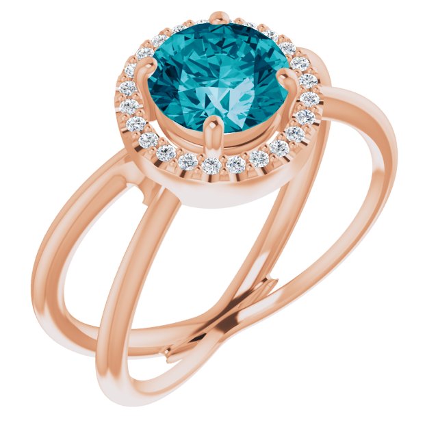 14K Gold Round Natural London Blue Topaz & Natural Diamond Halo-Style Ring – 7mm Stones - Rose Gold