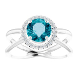Platinum Round Natural London Blue Topaz & Natural Diamond Halo-Style Ring - view 3