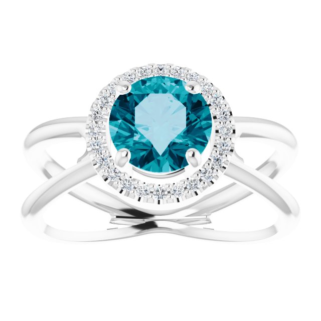 Platinum Round Natural London Blue Topaz & Natural Diamond Halo-Style Ring - view 3