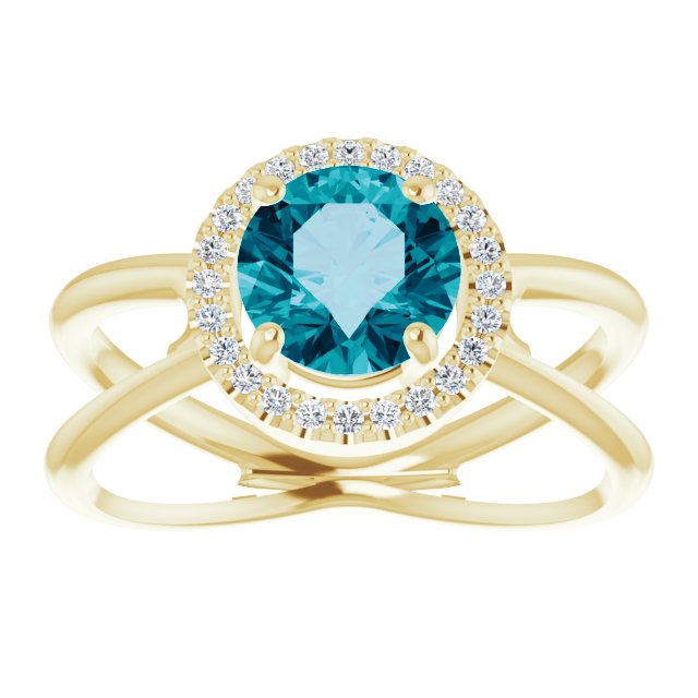 14K Gold Round Natural London Blue Topaz & Natural Diamond Halo-Style Ring – 7mm Stones - Yellow Gold - view 3