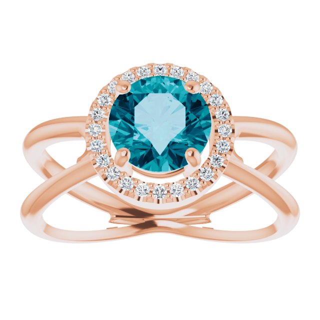 14K Gold Round Natural London Blue Topaz & Natural Diamond Halo-Style Ring – 7mm Stones - Rose Gold - view 3