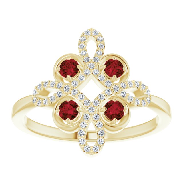 14K Gold Round Natural Mozambique Garnet Clover Ring – 2.5mm Stones - Yellow Gold - view 8