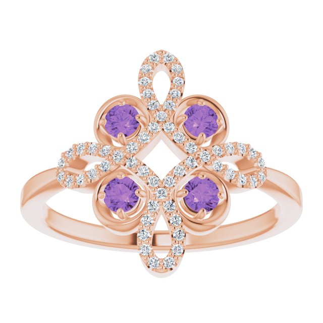 14K Gold Round Natural Amethyst Clover Ring – 2.5mm Stones - Rose Gold - view 8