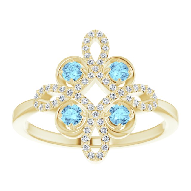 14K Gold Round Natural Aquamarine Clover Ring – 2.5mm Stones - Yellow Gold - view 8