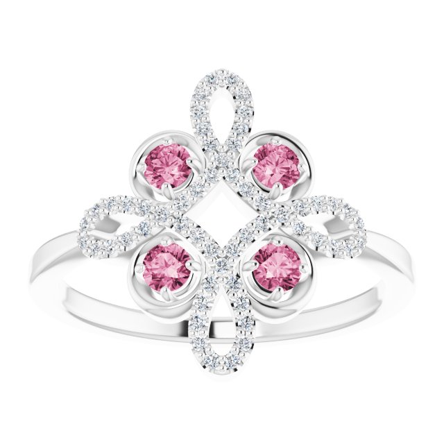 14K Gold Round Natural Pink Tourmaline Clover Ring – 2.5mm Stones - White Gold - view 8
