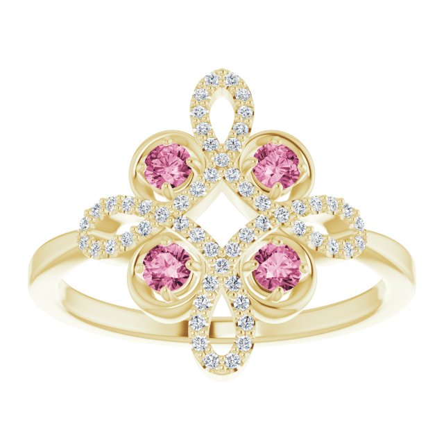 14K Gold Round Natural Pink Tourmaline Clover Ring – 2.5mm Stones - Yellow Gold - view 8