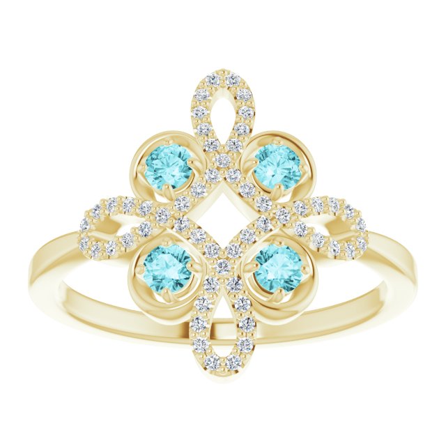 14K Gold Round Natural Blue Zircon Clover Ring – 2.5mm Stones - Yellow Gold - view 8