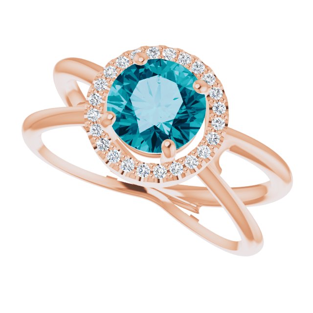 14K Gold Round Natural London Blue Topaz & Natural Diamond Halo-Style Ring – 7mm Stones - Rose Gold - view 5