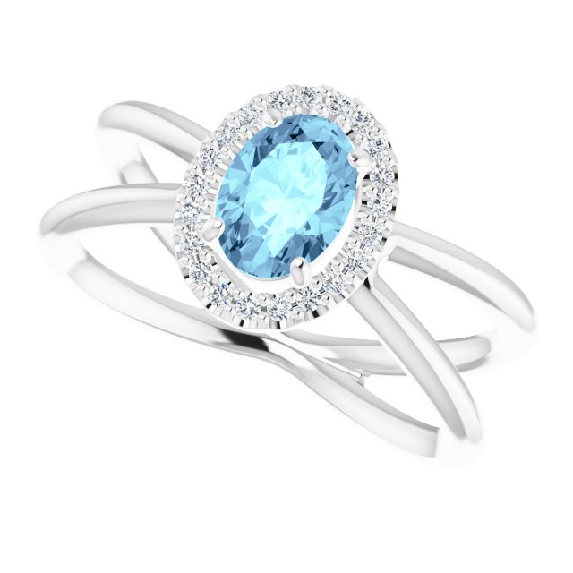 14K Gold Oval Natural Aquamarine & Natural Diamond Halo-Style Ring – 8x6mm - White Gold - view 5