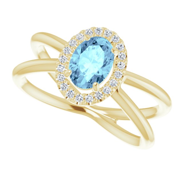 14K Gold Oval Natural Aquamarine & Natural Diamond Halo-Style Ring – 8x6mm - Yellow Gold - view 5