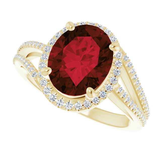 14K Gold Oval Natural Mozambique Garnet & Natural Diamond Halo-Style Ring – 10mm Stones - Yellow Gold - view 5