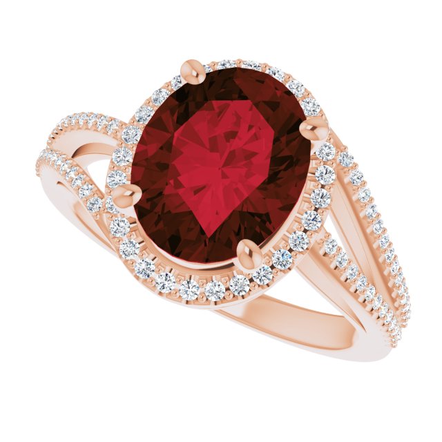 14K Gold Oval Natural Mozambique Garnet & Natural Diamond Halo-Style Ring – 10mm Stones - Rose Gold - view 5