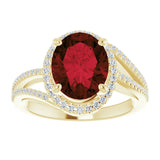 14K Gold Oval Natural Mozambique Garnet & Natural Diamond Halo-Style Ring – 10mm Stones - Yellow Gold - view 3