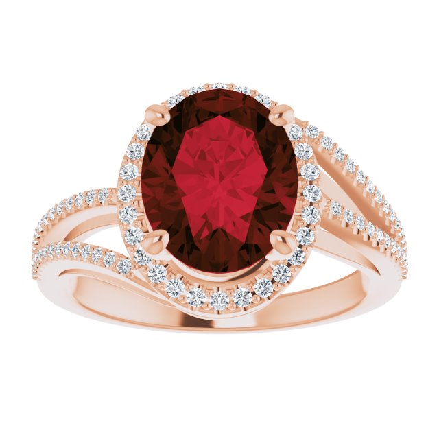 14K Gold Oval Natural Mozambique Garnet & Natural Diamond Halo-Style Ring – 10mm Stones - Rose Gold - view 3