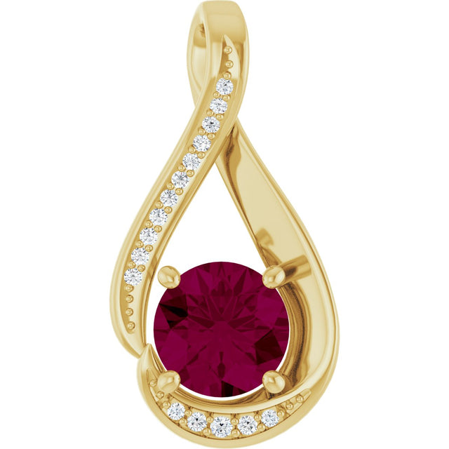 14K Gold Round Natural Rhodolite Garnet & Natural Diamond Infinity-Inspired Pendant