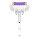 14K Gold Emerald Natural Amethyst & Natural Diamond Halo-Style Ring - view 4