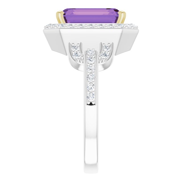14K Gold Emerald Natural Amethyst & Natural Diamond Halo-Style Ring - view 4