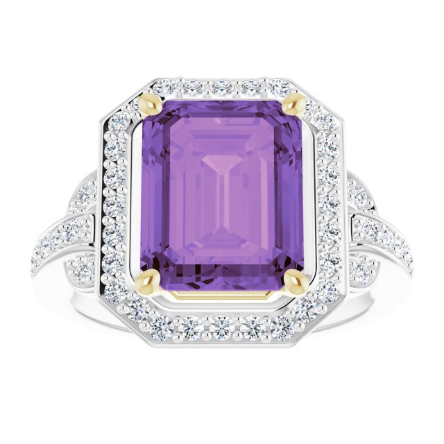 14K Gold Emerald Natural Amethyst & Natural Diamond Halo-Style Ring - view 3