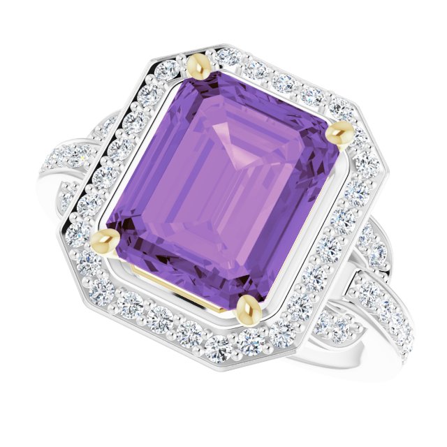 14K Gold Emerald Natural Amethyst & Natural Diamond Halo-Style Ring - view 5