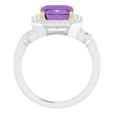14K Gold Emerald Natural Amethyst & Natural Diamond Halo-Style Ring - view 2