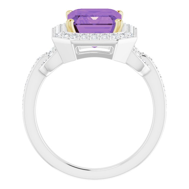 14K Gold Emerald Natural Amethyst & Natural Diamond Halo-Style Ring - view 2