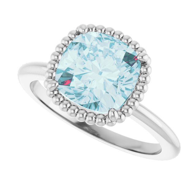 Platinum Cushion Natural Sky Blue Topaz Beaded Solitaire Ring - view 5