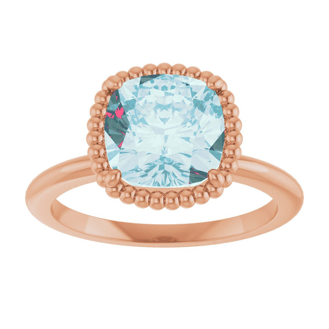 14K Gold Cushion Natural Sky Blue Topaz Beaded Solitaire Ring - Rose Gold - view 3