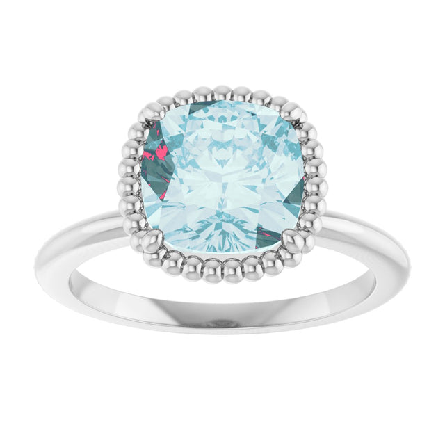 Platinum Cushion Natural Sky Blue Topaz Beaded Solitaire Ring - view 3
