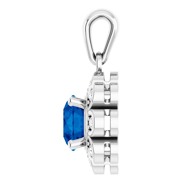 14K Gold Round Lab-Grown Blue Sapphire & Natural Diamond Floral-Inspired Halo-Style Pendant - view 3