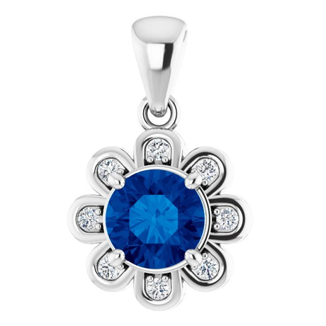 14K Gold Round Lab-Grown Blue Sapphire & Natural Diamond Floral-Inspired Halo-Style Pendant