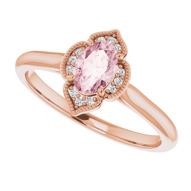 14K Gold Oval Natural Pink Morganite & Natural Diamond Accented Vintage-Inspired Ring - Rose Gold - view 5