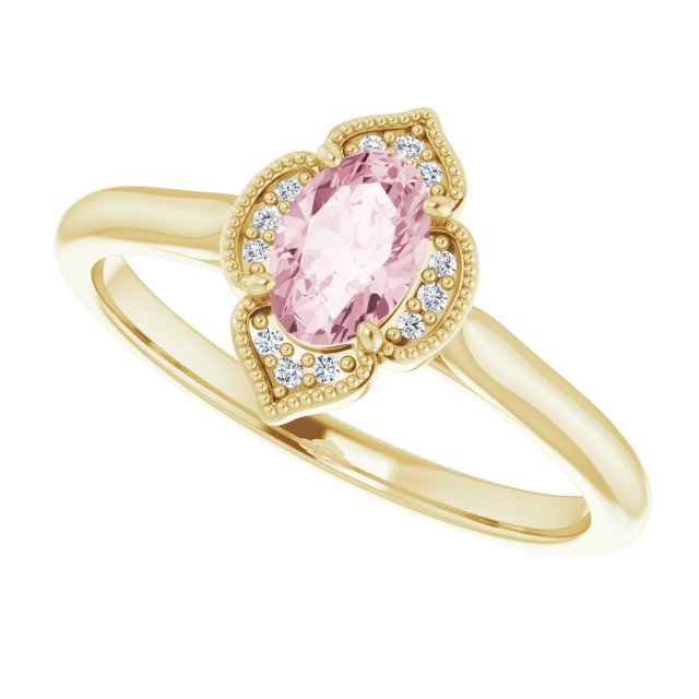 14K Gold Oval Natural Pink Morganite & Natural Diamond Accented Vintage-Inspired Ring - Yellow Gold - view 5