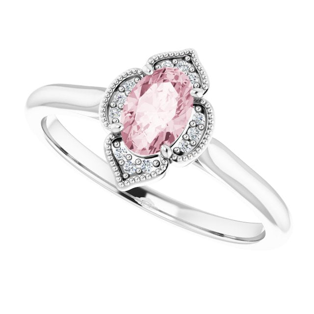 Platinum Oval Natural Pink Morganite & Natural Diamond Accented Vintage-Inspired Ring - view 5