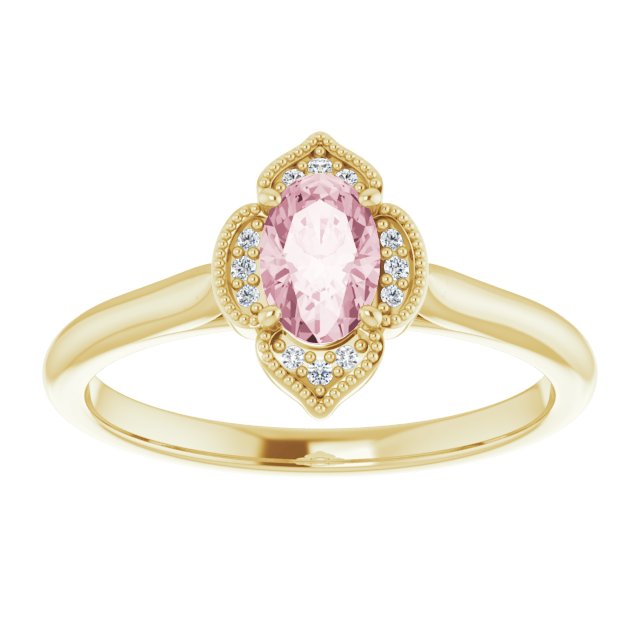 14K Gold Oval Natural Pink Morganite & Natural Diamond Accented Vintage-Inspired Ring - Yellow Gold - view 3