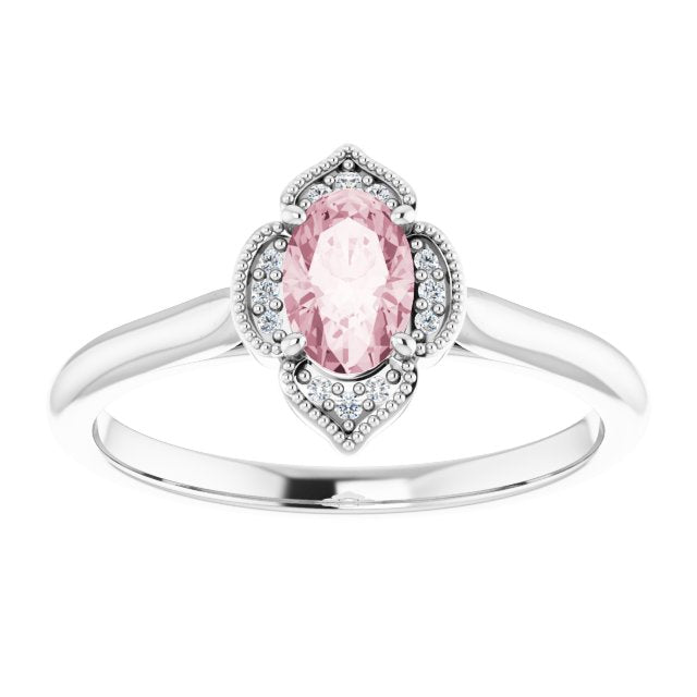 14K Gold Oval Natural Pink Morganite & Natural Diamond Accented Vintage-Inspired Ring - White Gold - view 3
