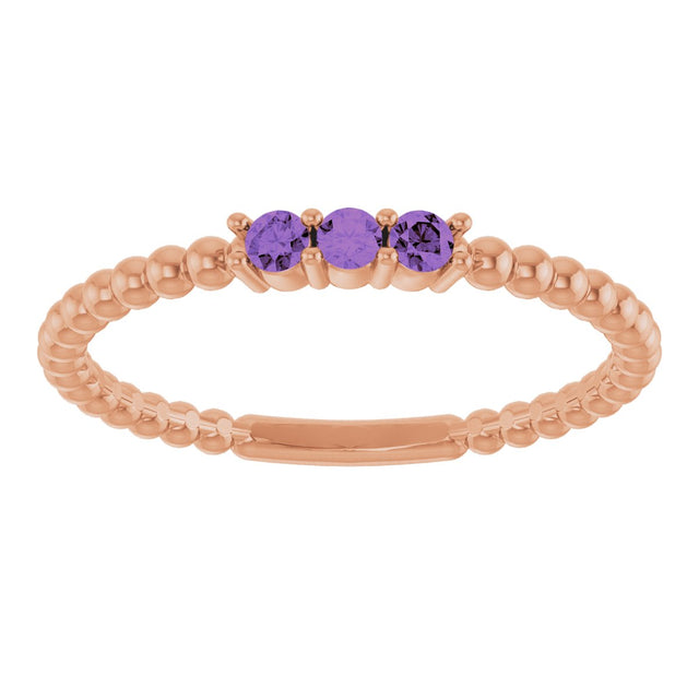 14K Gold Round Natural Amethyst Beaded Ring - Rose Gold - view 8