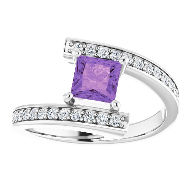 Platinum Square Natural Amethyst & Natural Diamond Accented Bypass Ring - view 3