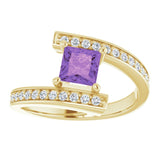 14K Gold Square Natural Amethyst & Natural Diamond Accented Bypass Ring - Yellow Gold - view 3