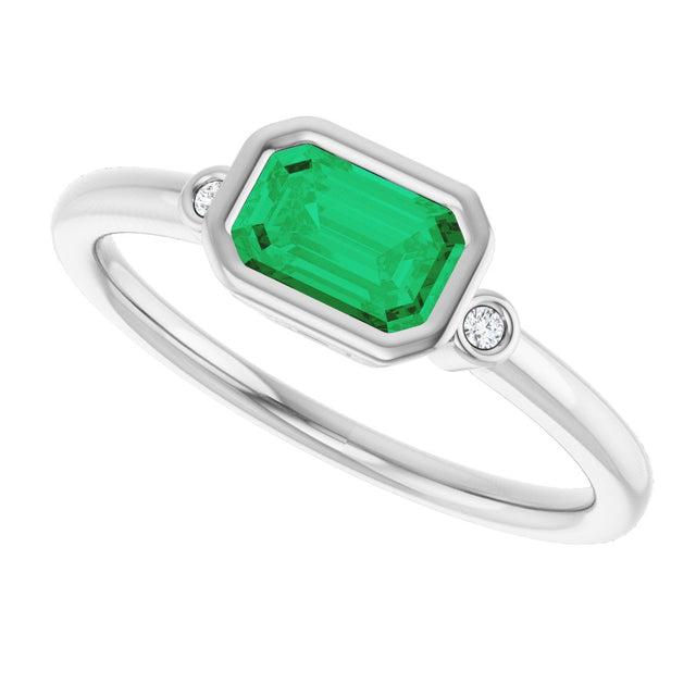 14K Gold Emerald Lab-Grown Emerald & Natural Diamond Bezel-Set Accented Ring - White Gold - view 5