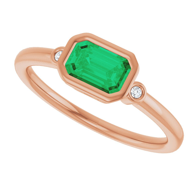 14K Gold Emerald Lab-Grown Emerald & Natural Diamond Bezel-Set Accented Ring - Rose Gold - view 5