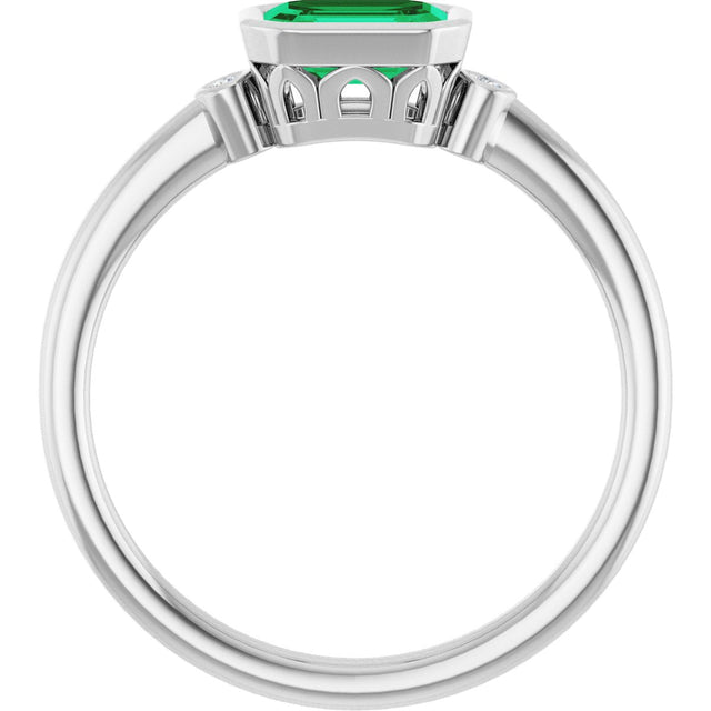 14K Gold Emerald Lab-Grown Emerald & Natural Diamond Bezel-Set Accented Ring - White Gold - view 2