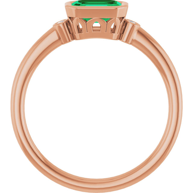 14K Gold Emerald Lab-Grown Emerald & Natural Diamond Bezel-Set Accented Ring - Rose Gold - view 2