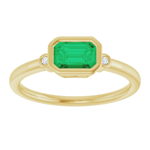 14K Gold Emerald Lab-Grown Emerald & Natural Diamond Bezel-Set Accented Ring - Yellow Gold - view 3