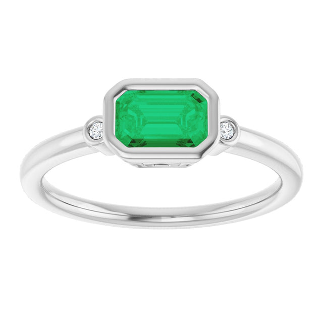 14K Gold Emerald Lab-Grown Emerald & Natural Diamond Bezel-Set Accented Ring - White Gold - view 3