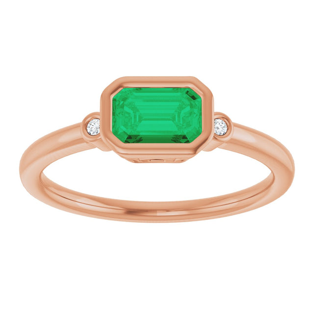 14K Gold Emerald Lab-Grown Emerald & Natural Diamond Bezel-Set Accented Ring - Rose Gold - view 3