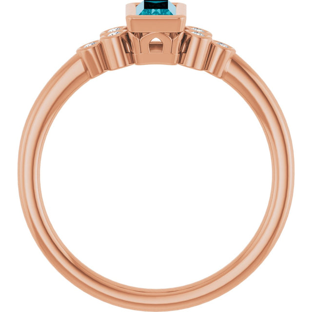 14K Gold Straight Baguette Natural London Blue Topaz & Natural Diamond Bezel-Set Accented Ring - Rose Gold - view 2