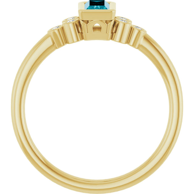 14K Gold Straight Baguette Natural London Blue Topaz & Natural Diamond Bezel-Set Accented Ring - Yellow Gold - view 2